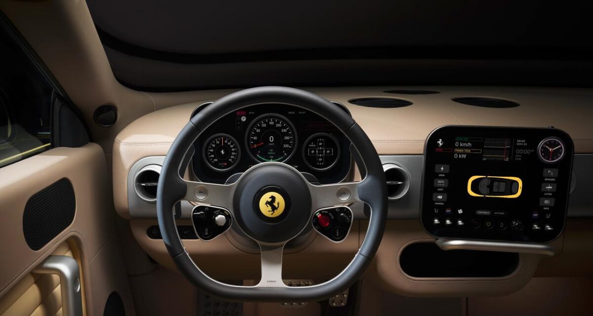 Ferrari Luce intérieur tableau de bord — zéro écran tactile, cuir et aluminium anodisé, design Jony Ive LoveFrom